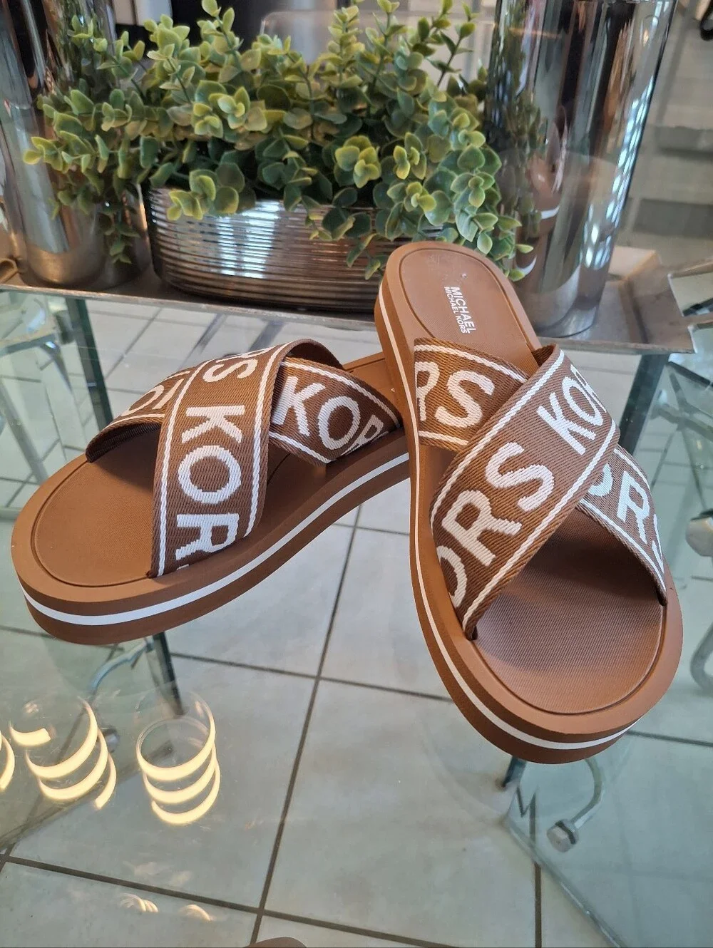 Michael Kors Brown Logo Crisscross Slide Sandals